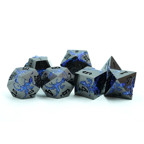 Metal Dragon Black with Blue Dragon - Metal RPG Dice - Epic Dwarf Dice